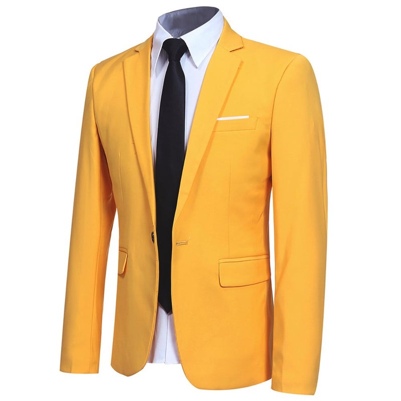 YFFUSHI Men Slim Fit One Button Blazer Jacket Casual/Party Sport Coat,Yellow,Large - Image 1